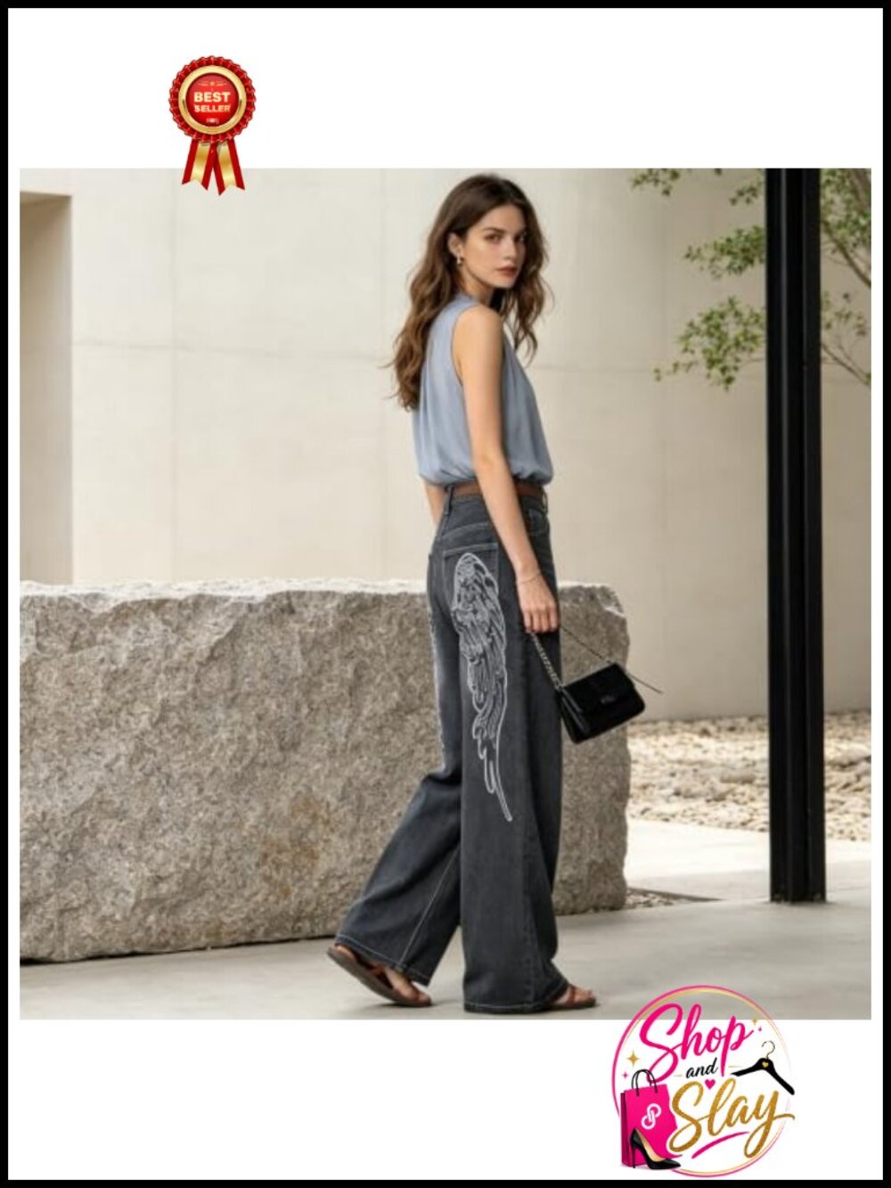 Wide Leg Baggy High Waisted Denim Jeans Loose Fit Y2K Graphic Streetwear Pants - Picture 2 of 6